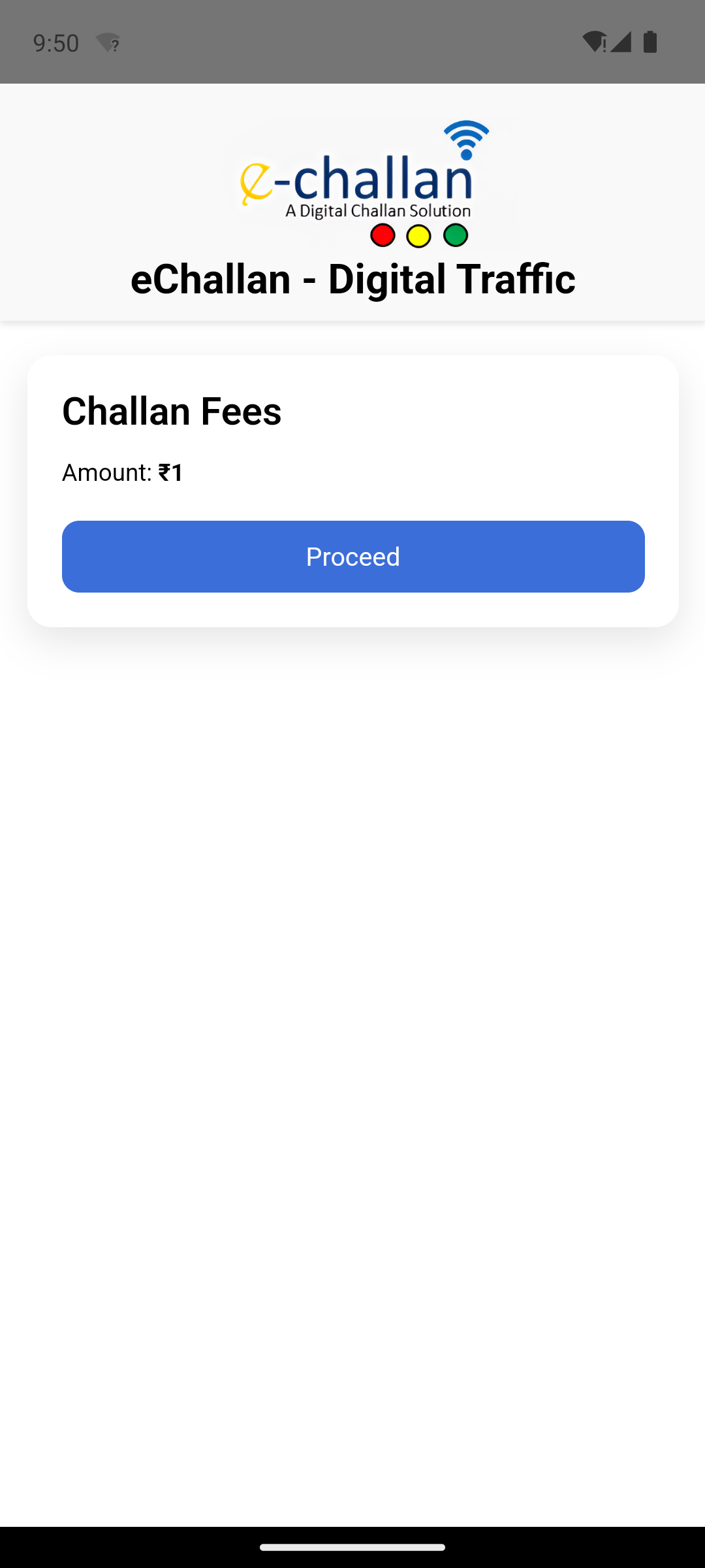 Challan fee page showing Rs.1 amount