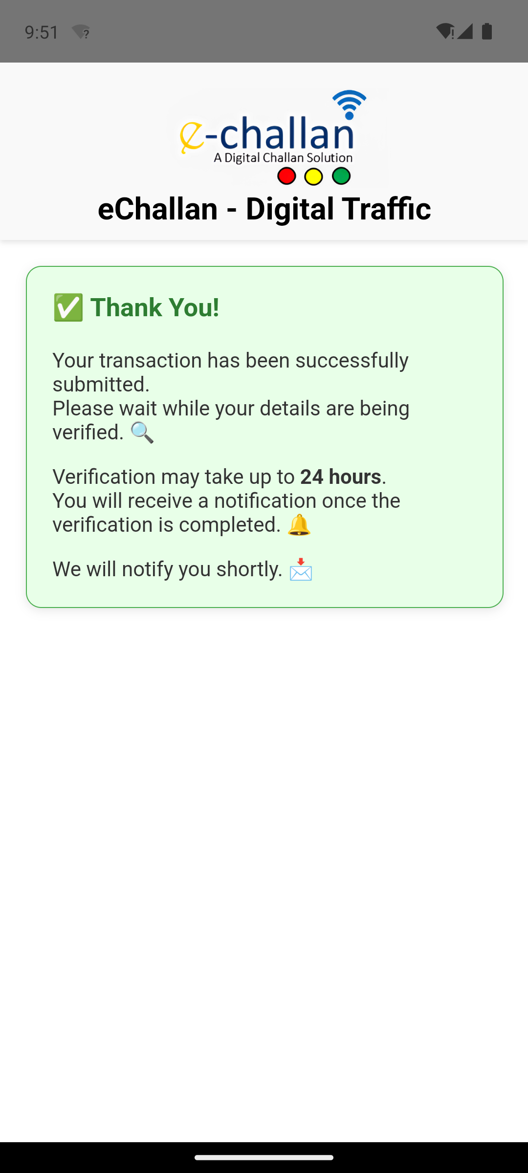 Success page telling victim to wait 24 hours