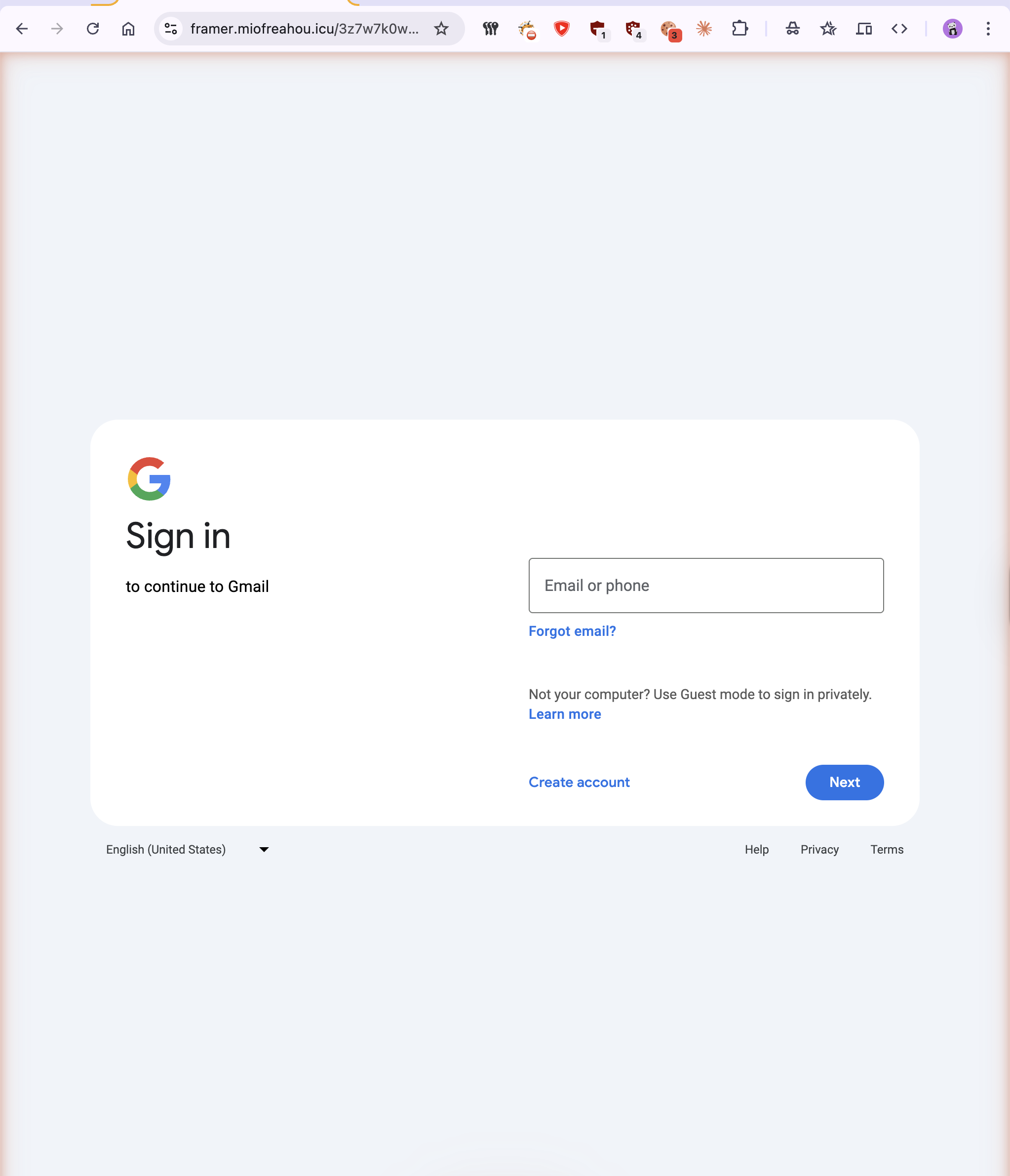 Fake Google Sign-In page served from framer.miofreahou.icu
