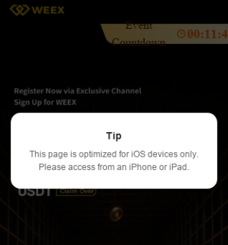 Pop-up on a fake WEEX cryptocurrency exchange website trying to drive users to the iOS exploits